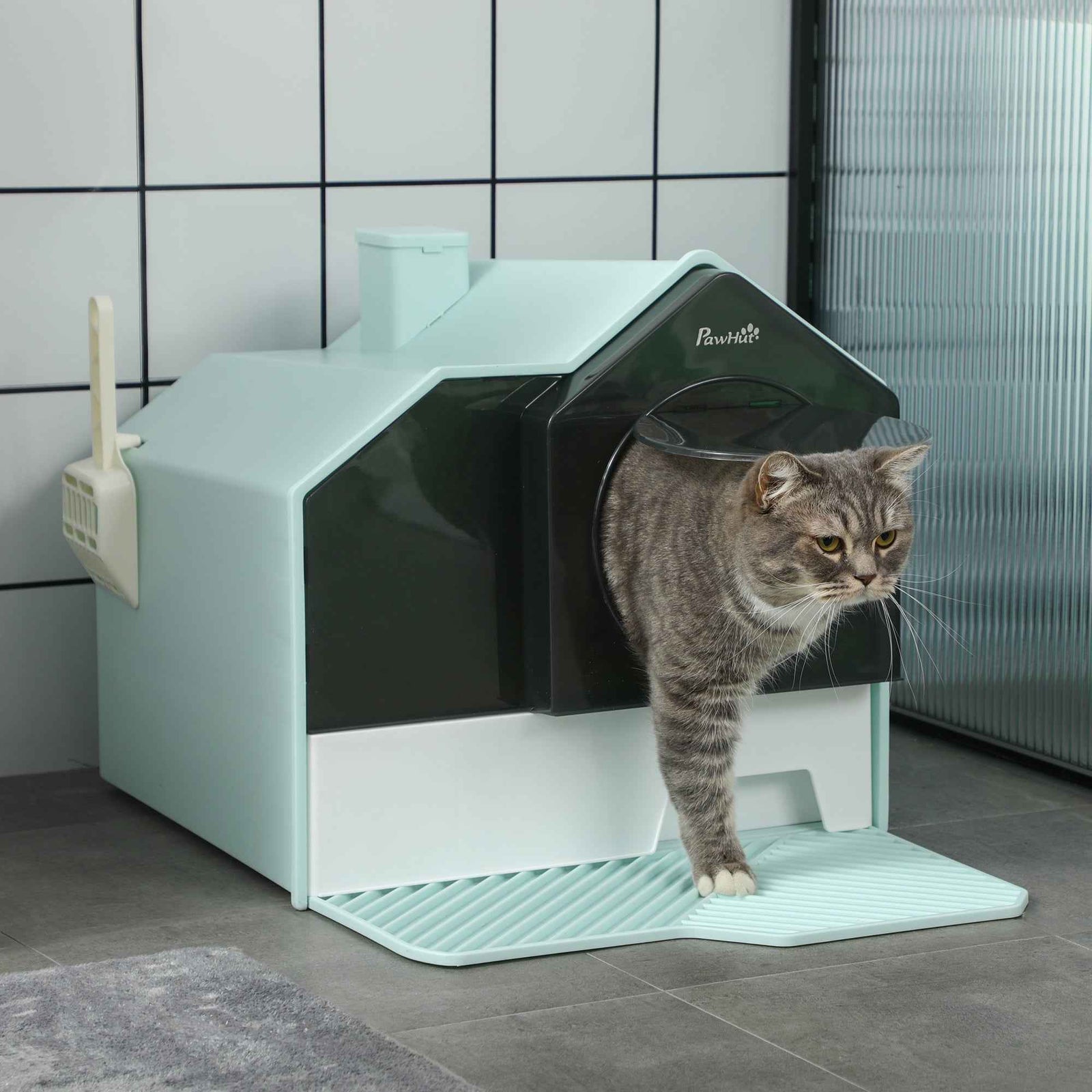 Hooded Cat Litter Box With Mat Blue - PawSlow