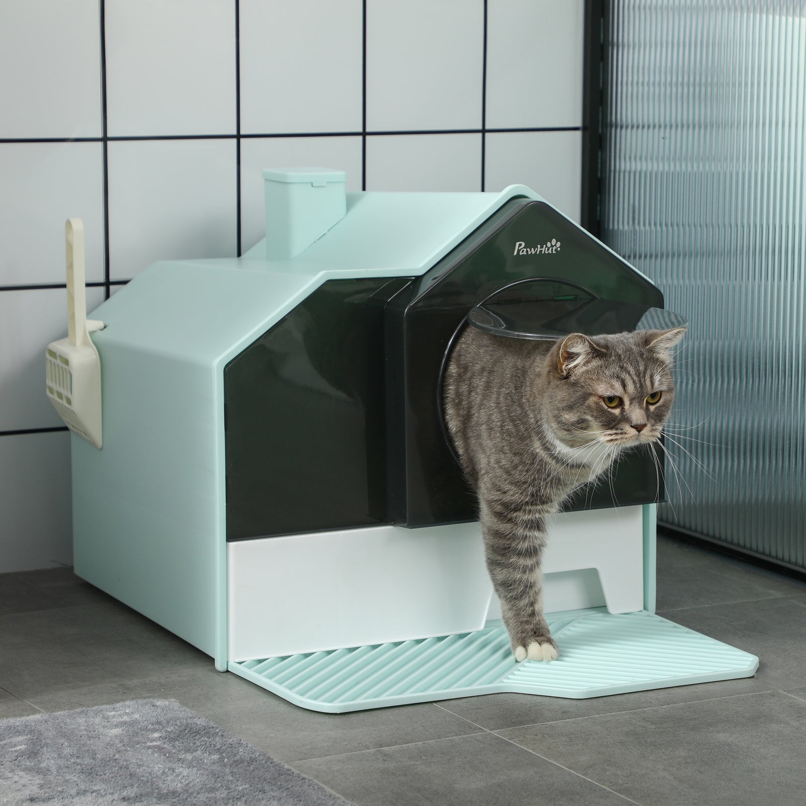 Hooded Cat Litter Box With Mat Blue - PawSlow